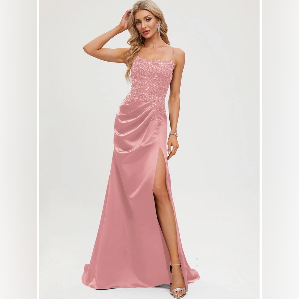 Gorgeous Prom / Bridesmaid Embroidered Dress Sz 6 Blush Pink Satin Evening Gown